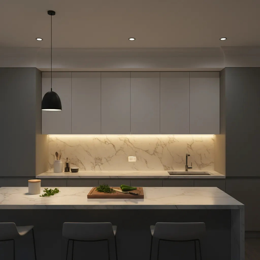 Kitchen countertop illuminated by under cabinet task lighting