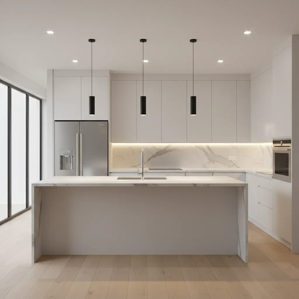Modern kitchen with bright under cabinet lighting and pendant lights over island
