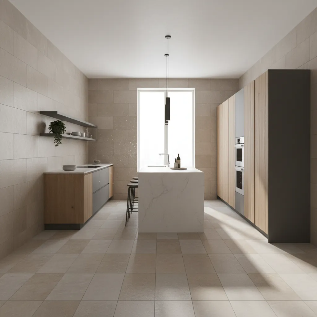 kitchen interior showcasing neutral tile color combinations for wall and floor