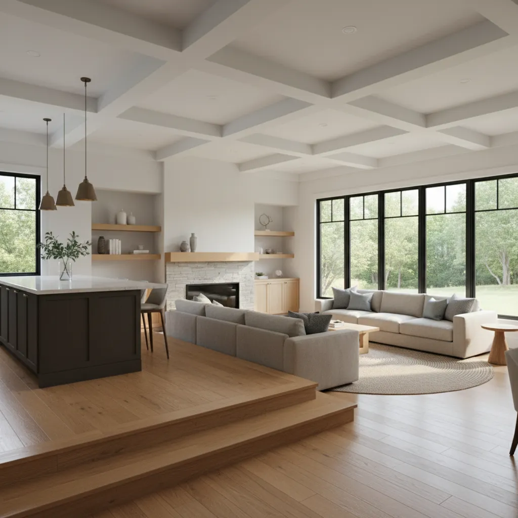 open kitchen with visible step down leading to family room seating area
