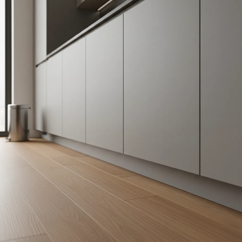 Kitchen cabinets showing the toe kick area beneath the cabinet base