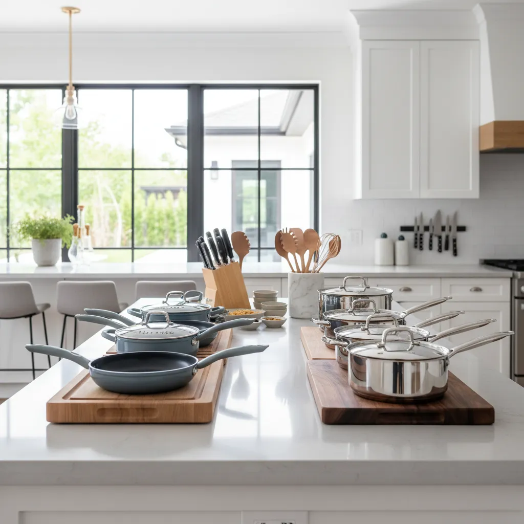 Assortment of budget and premium kitchen equipment arranged on kitchen counter