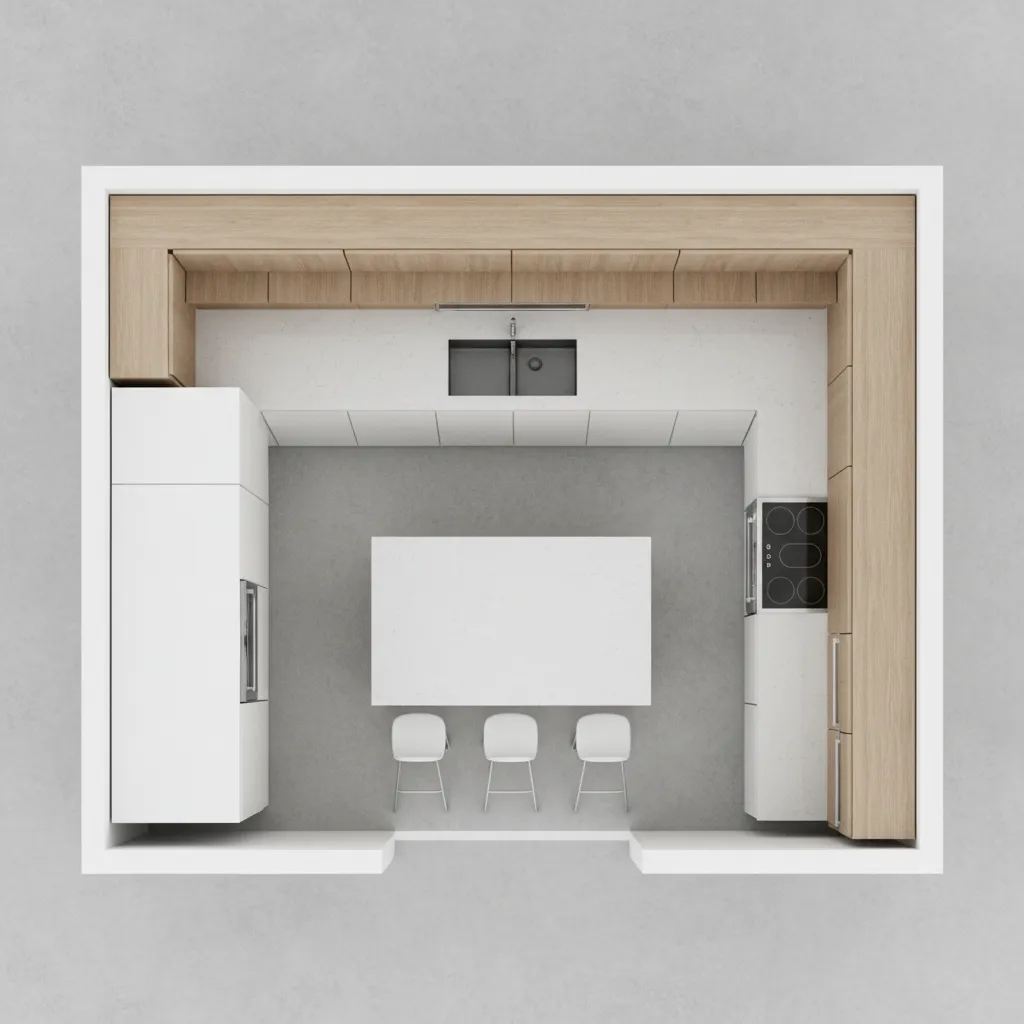 top view kitchen layout showing sink stove and refrigerator work triangle