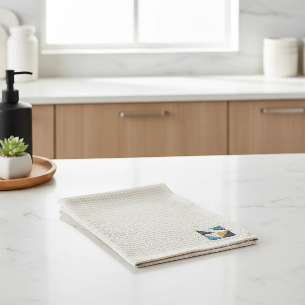 Kitchen towel showing ideal corner embroidery placement