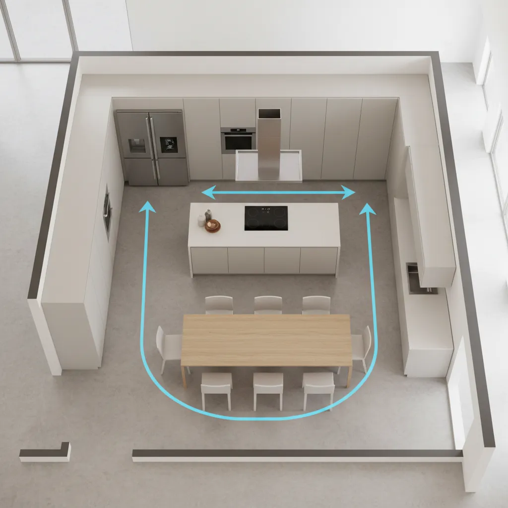 Kitchen circulation paths around a central dining table
