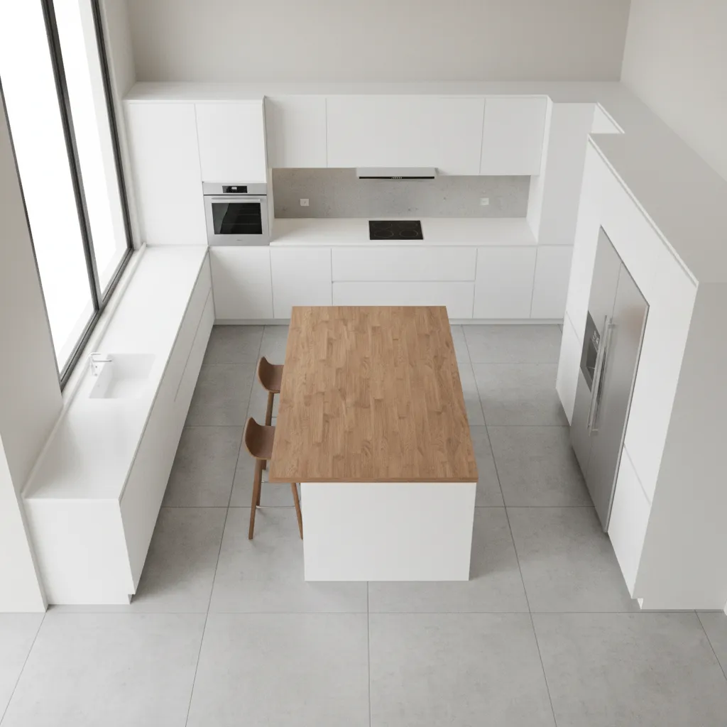 Kitchen layout showing clear walking paths around island