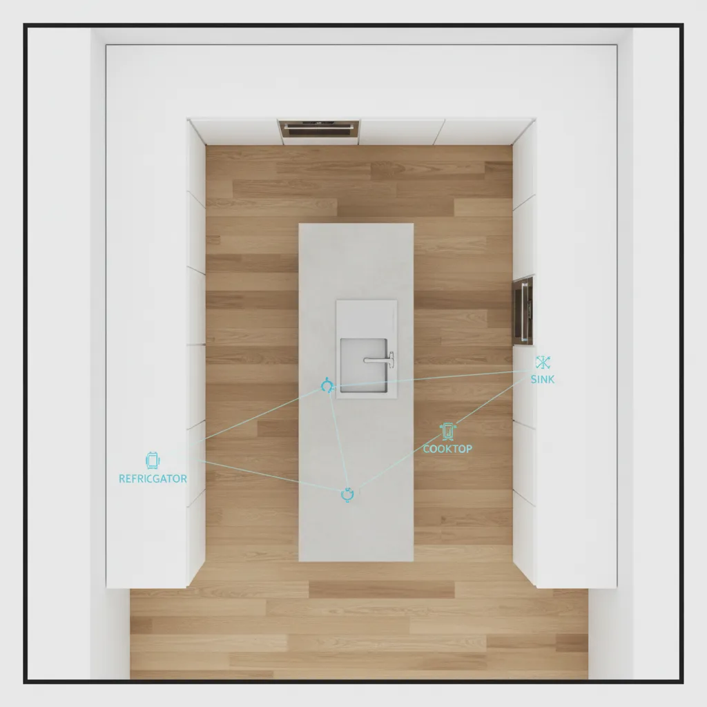 Kitchen floor plan demonstrating safe walking paths around island and appliances