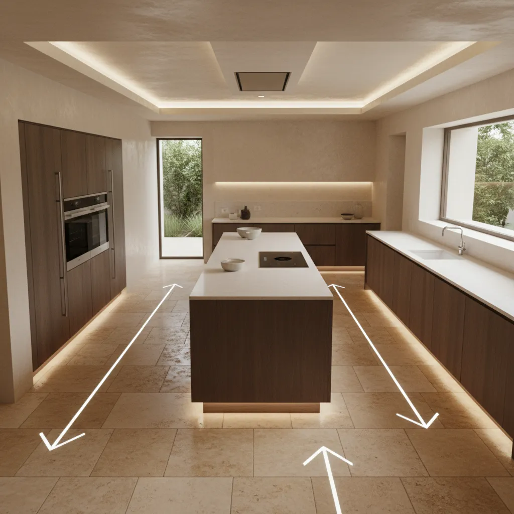 Kitchen layout illustrating walking paths across travertine flooring