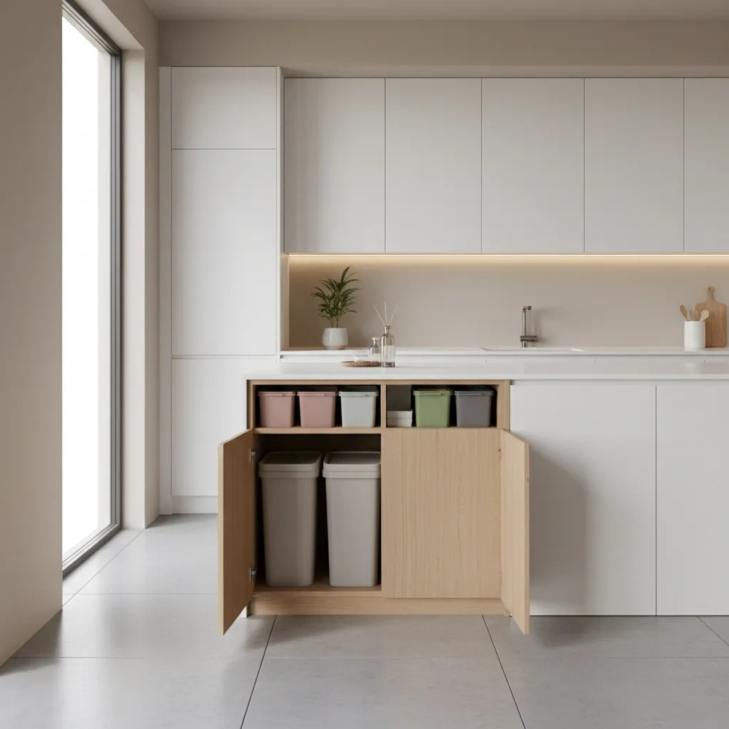 Modern kitchen with sealed trash bin and organized waste area preventing flies