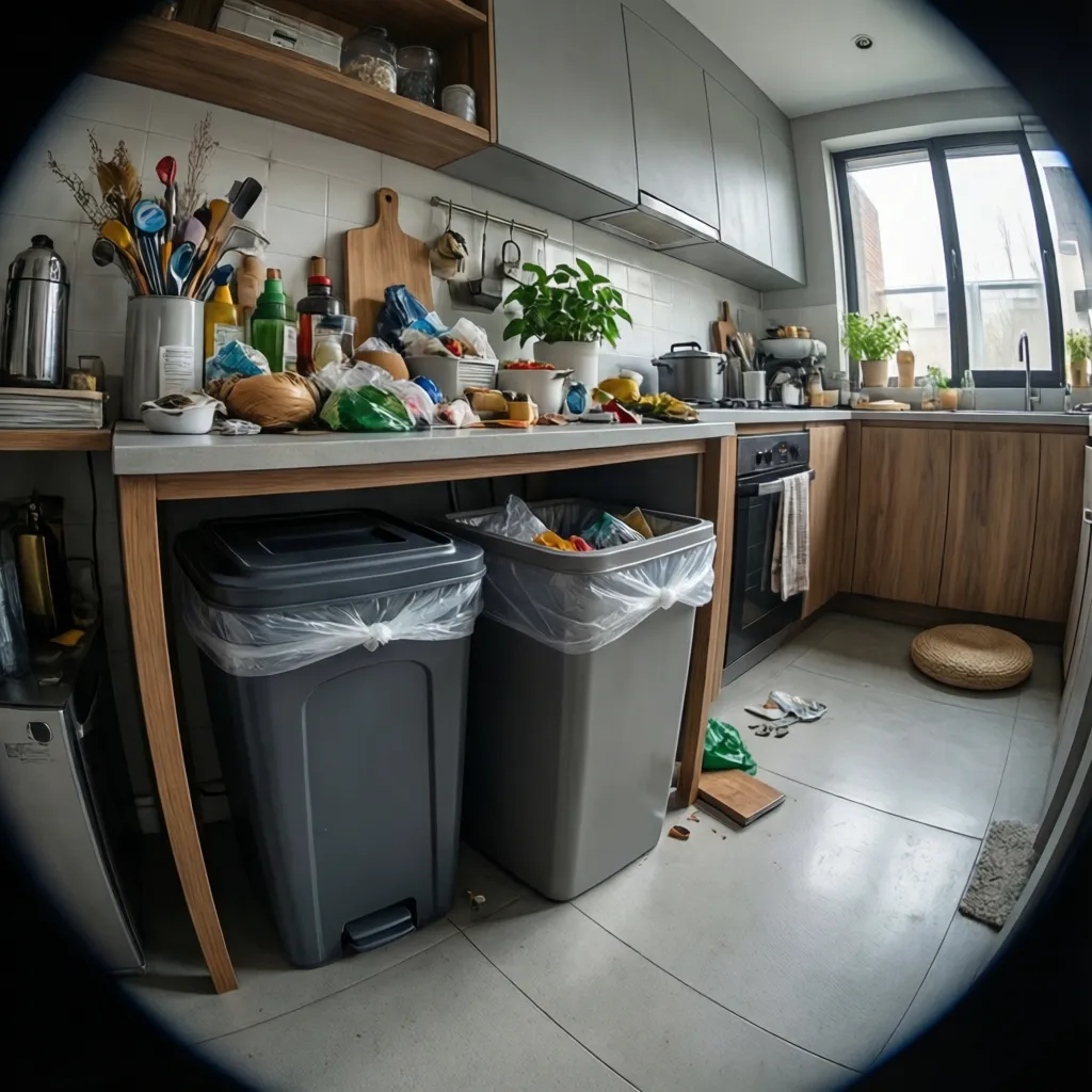 sealed kitchen trash bin and organized waste area preventing maggots