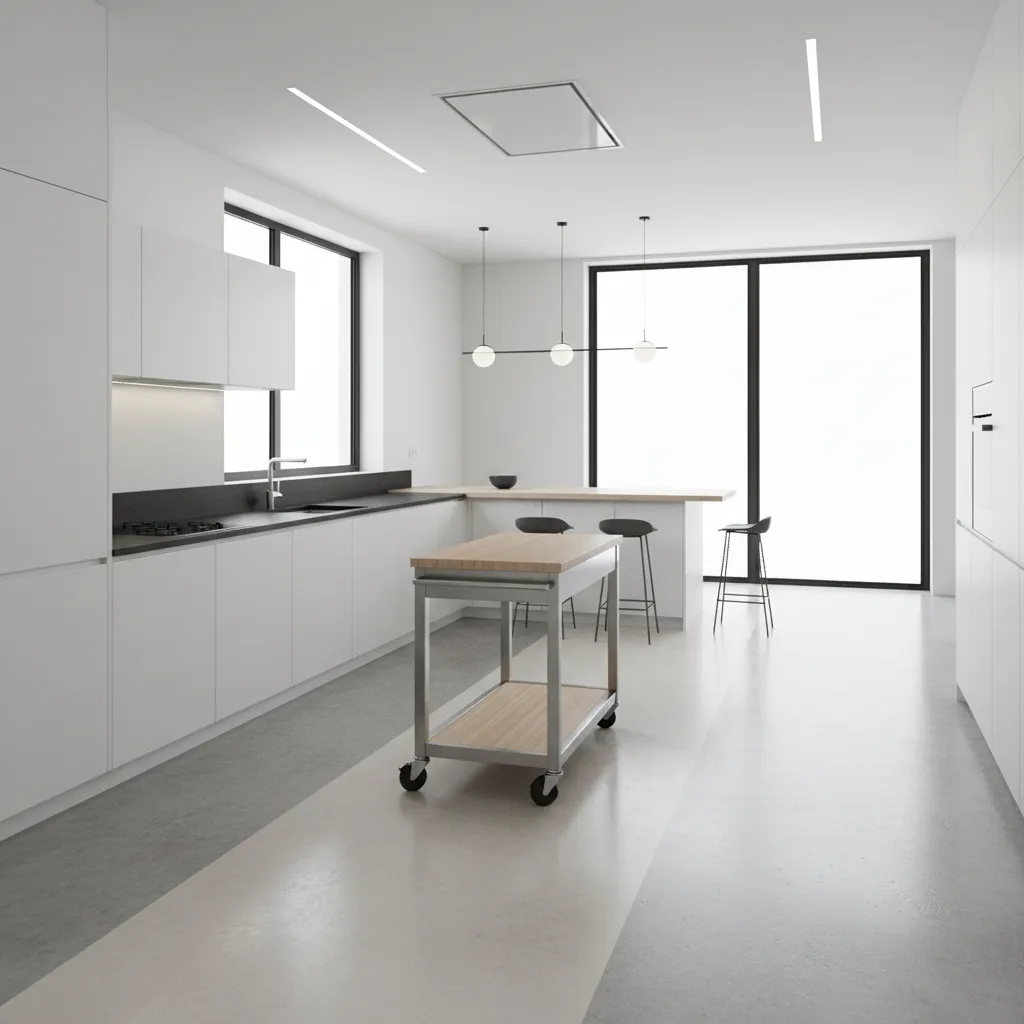 Kitchen layout showing clearance space around movable trolley