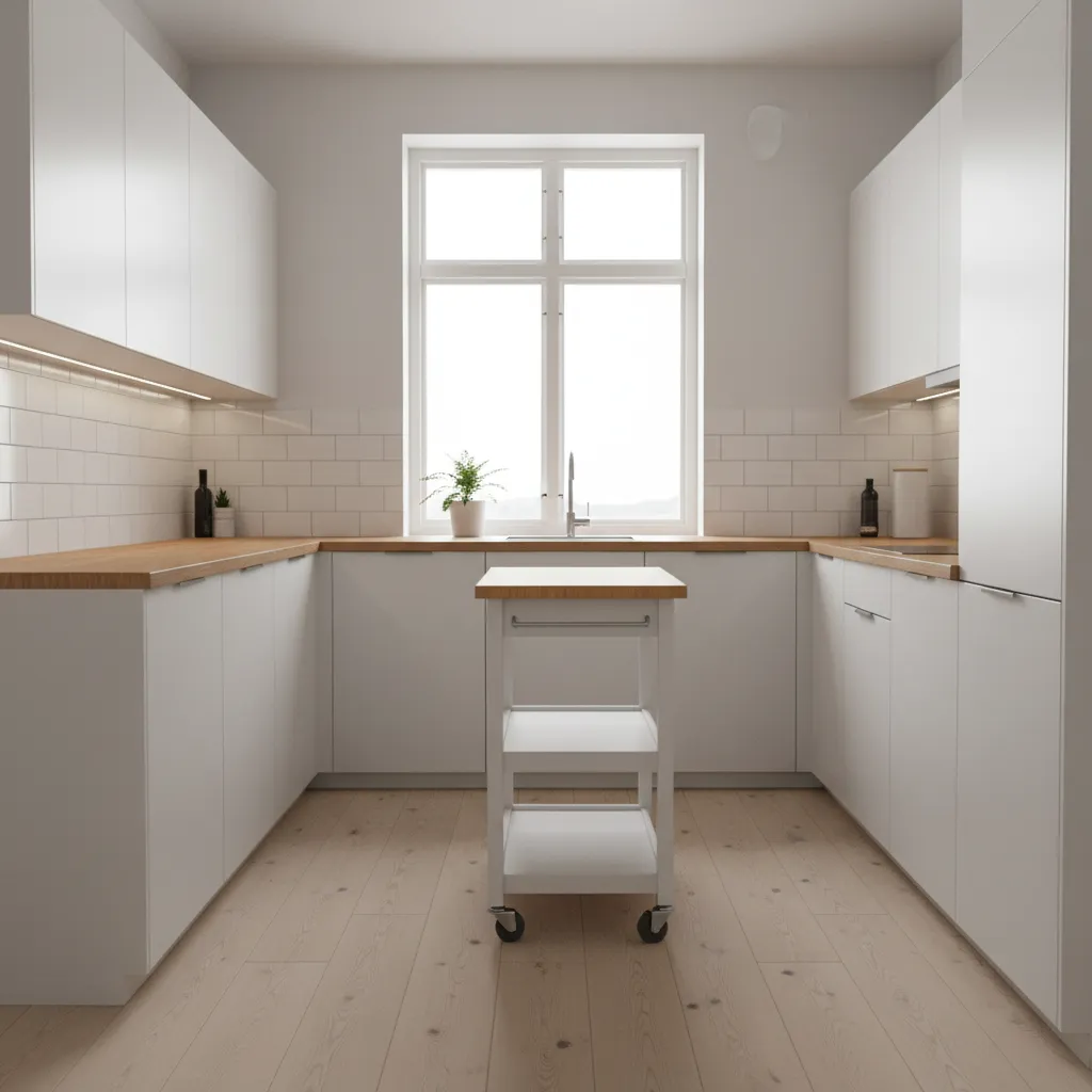 Compact modern kitchen with a movable storage trolley beside cabinets