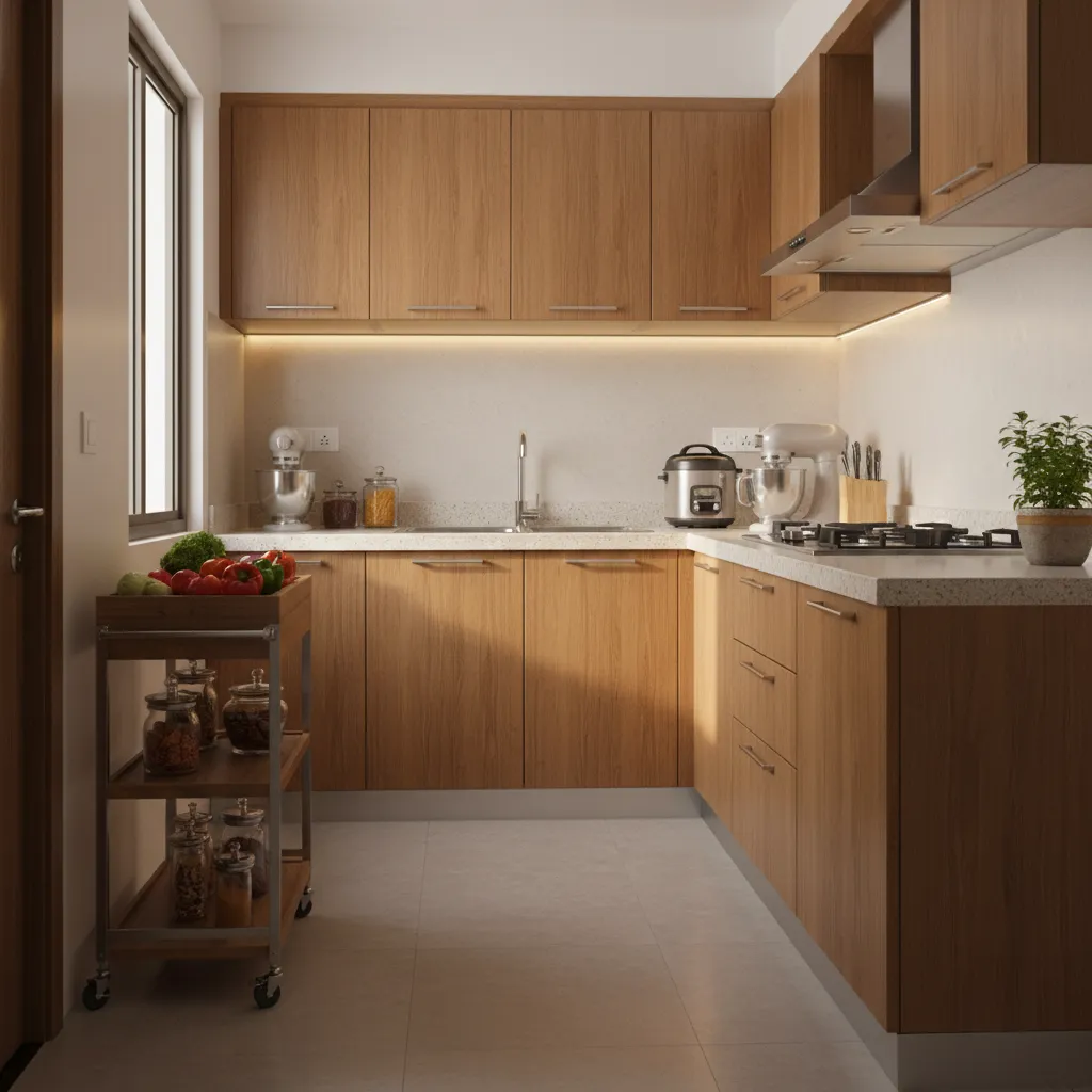Modern kitchen with wooden cabinets white countertops appliances and small wooden cart with glass jars