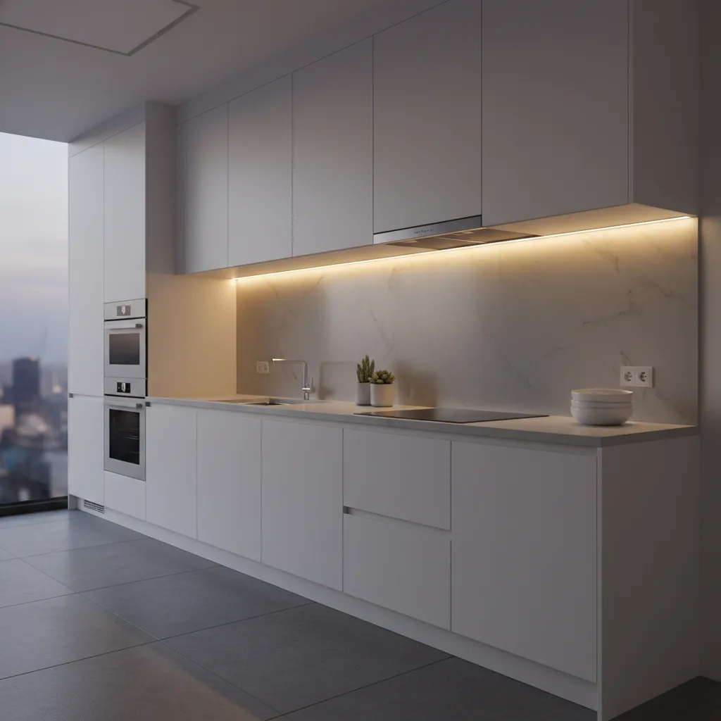 Modern kitchen with under cabinet lighting illuminating countertop workspace