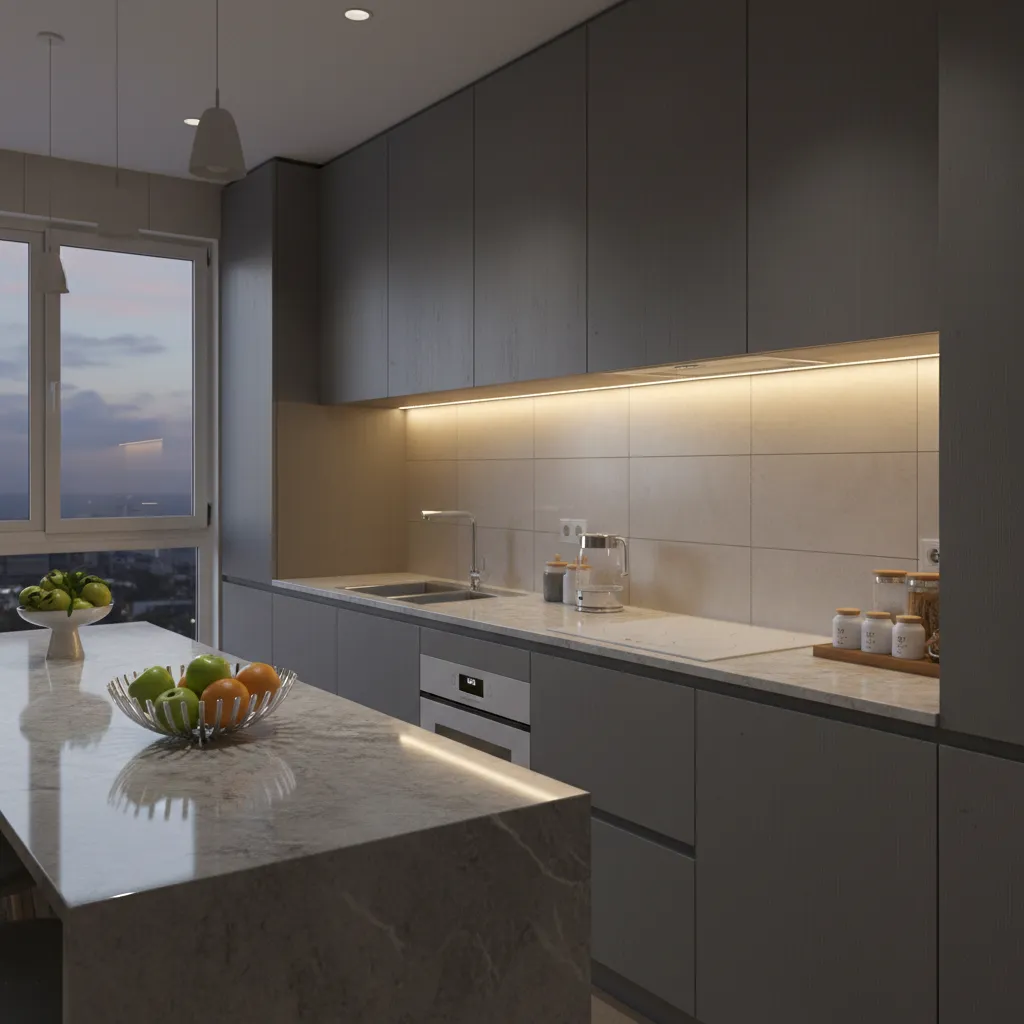 modern kitchen countertop with under cabinet LED lighting