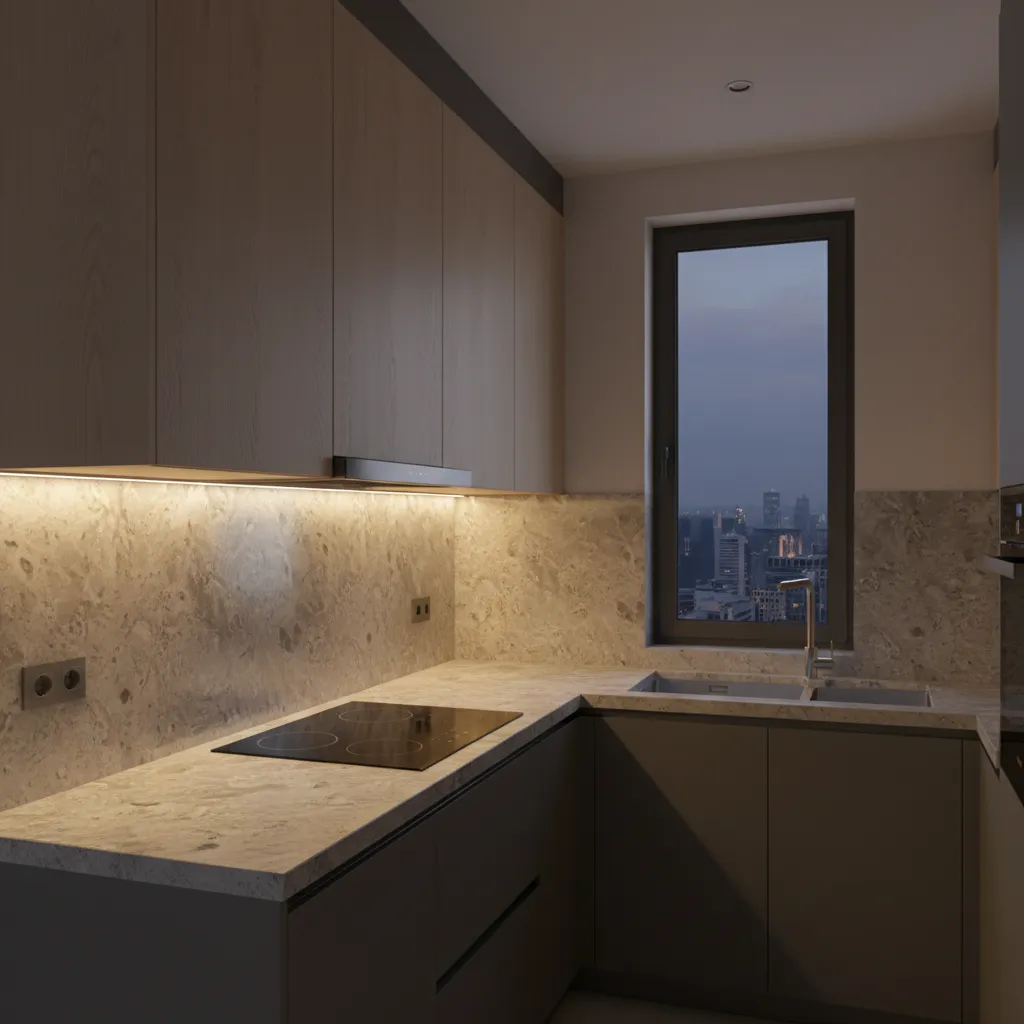 L-shaped kitchen counter with under cabinet LED lighting illuminating corner workspace