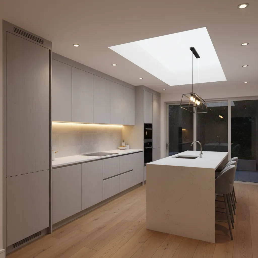 Kitchen with under cabinet lighting compensating for low natural light