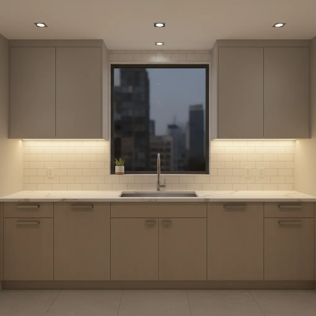 Kitchen with warm under cabinet lighting illuminating countertop