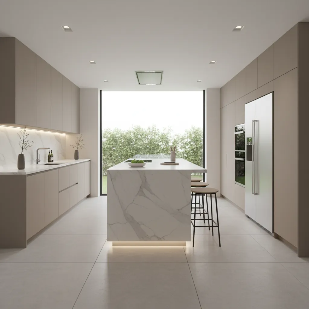 modern kitchen with LED strip lighting under cabinets illuminating countertop workspace