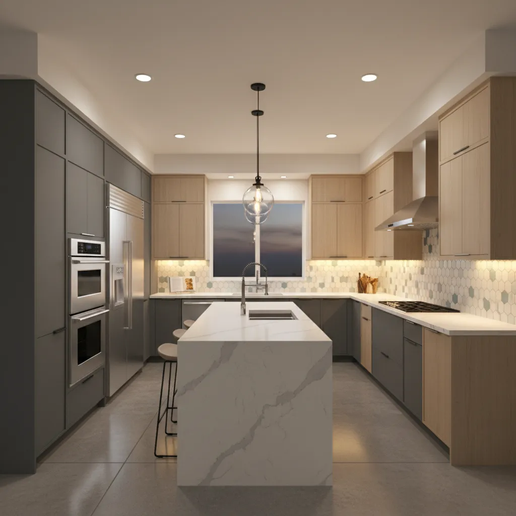 Kitchen with warm under cabinet lighting highlighting stainless steel appliances