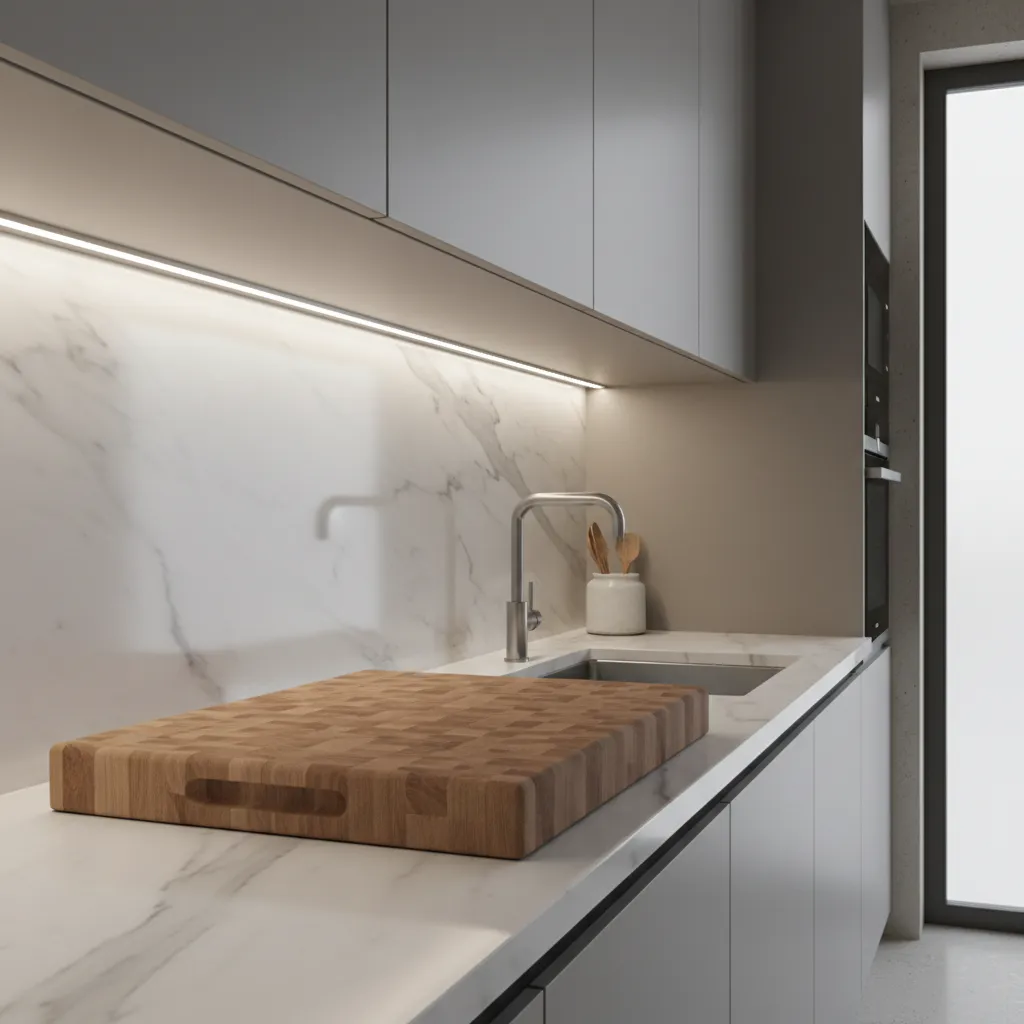 under cabinet LED lighting illuminating kitchen countertop workspace