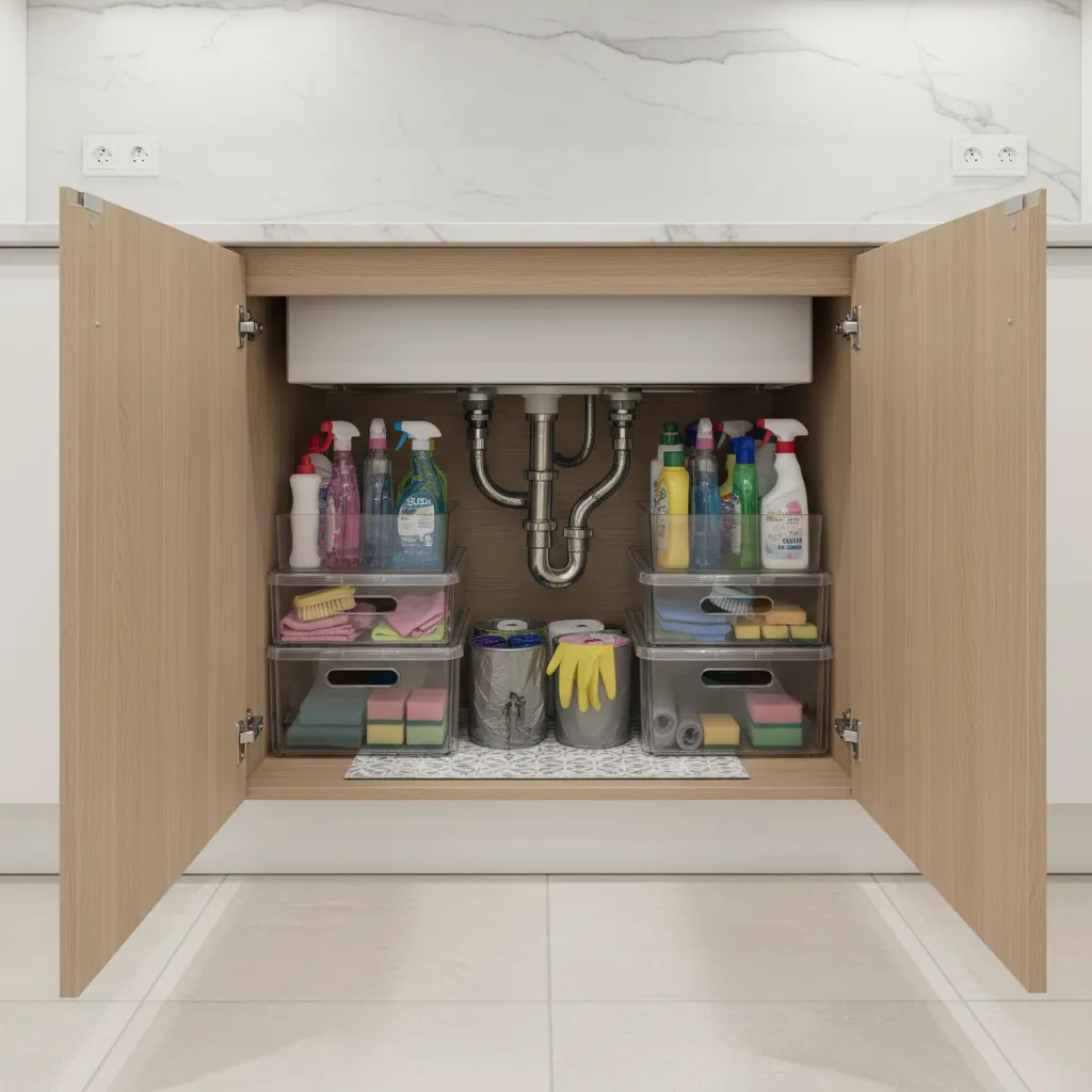 Open kitchen sink cabinet showing organized cleaning supplies and bins