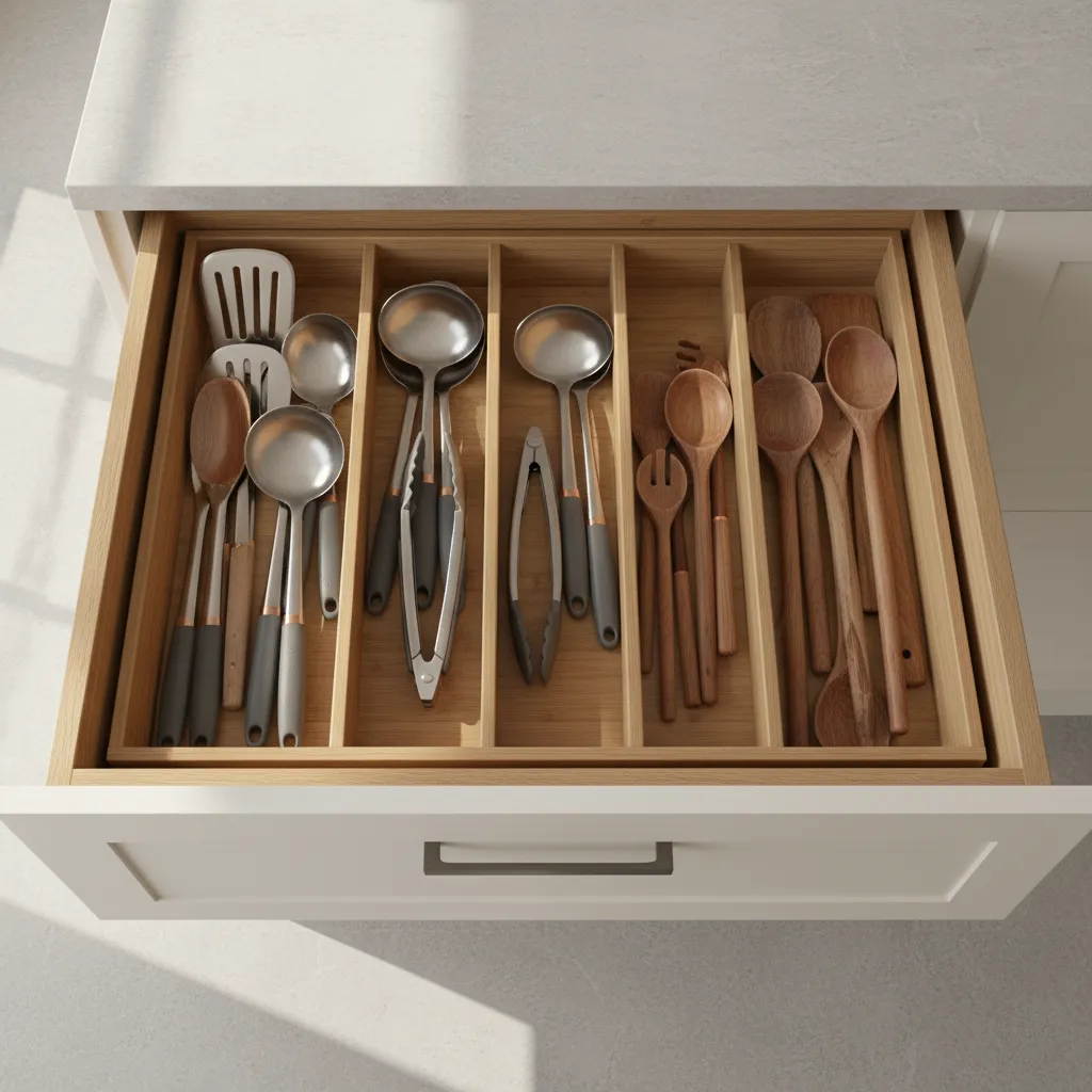 kitchen drawer organizer with neatly arranged cooking utensils