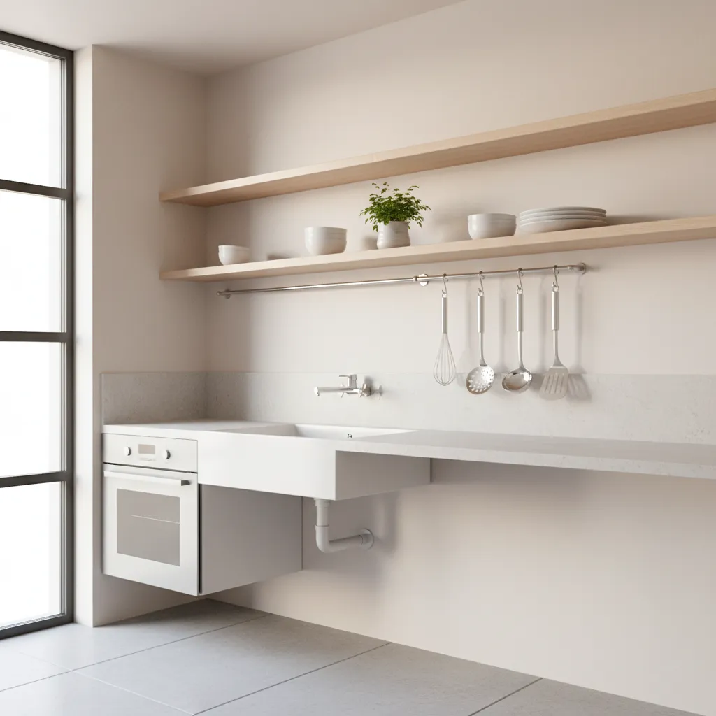 compact kitchen wall with metal rail hanging utensils and small shelves