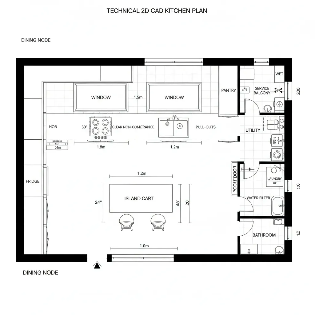 Kitchen floor plan design including a central island cart plus utility room and a small bathroom