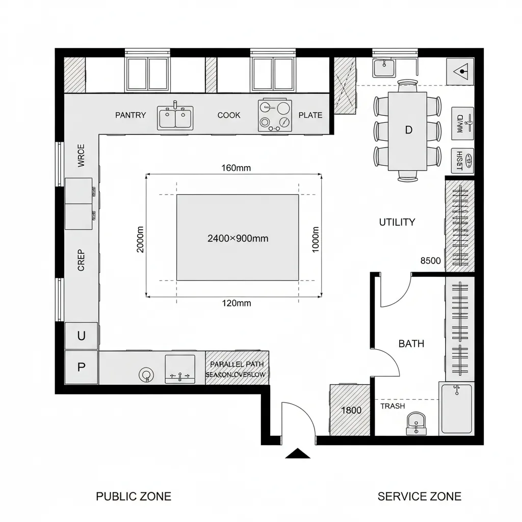 Top-down CAD plan of an L-shaped kitchen with a 2400×900 island and adjacent utility balcony