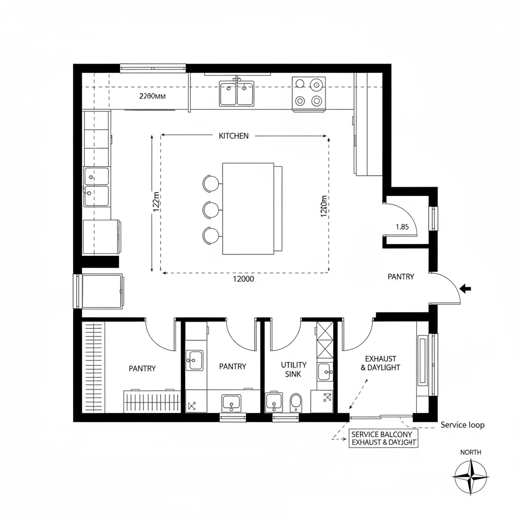 Top-down CAD plan of kitchen with pantry-utility-balcony loop