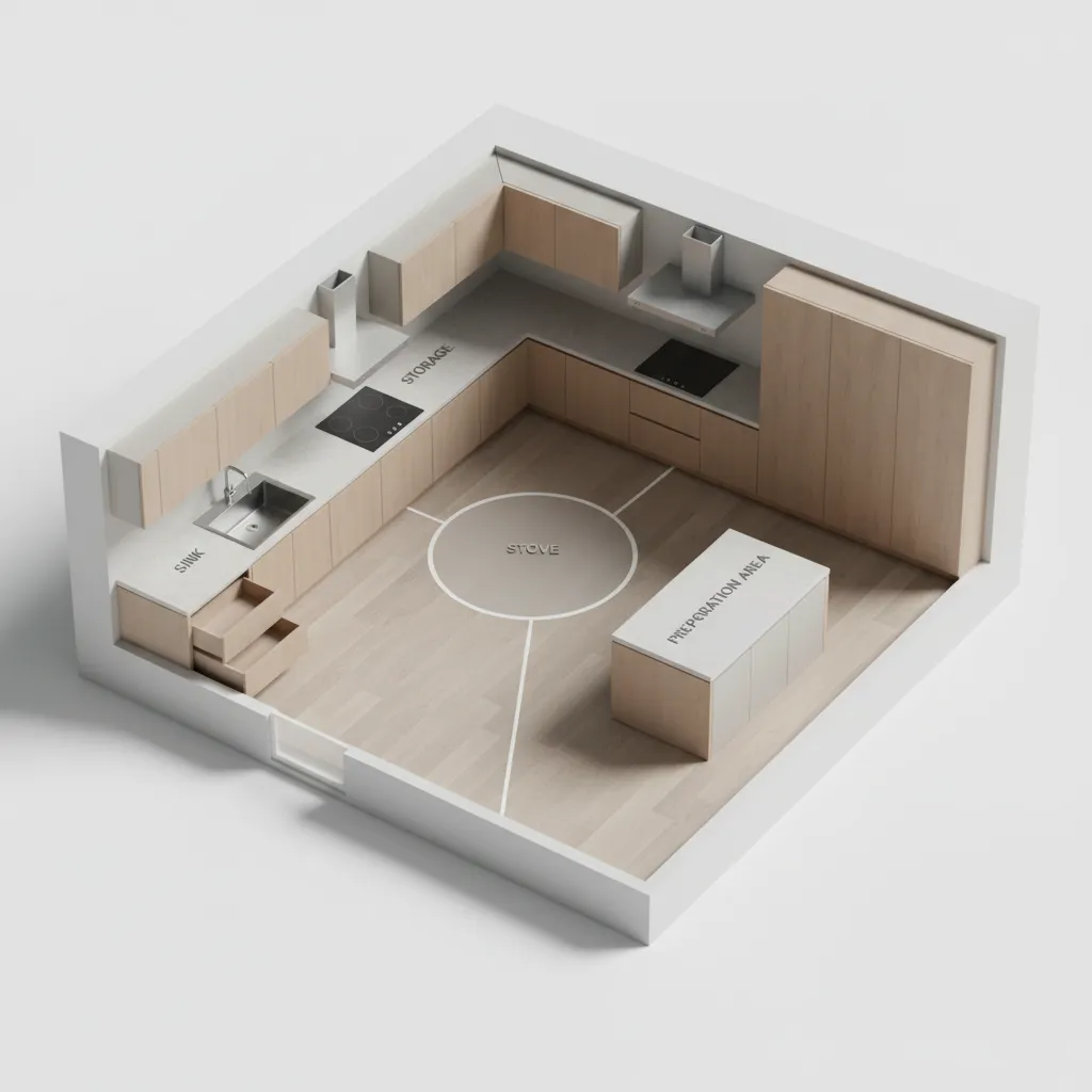 3d kitchen layout plan illustrating stove sink and storage placement for vastu correction