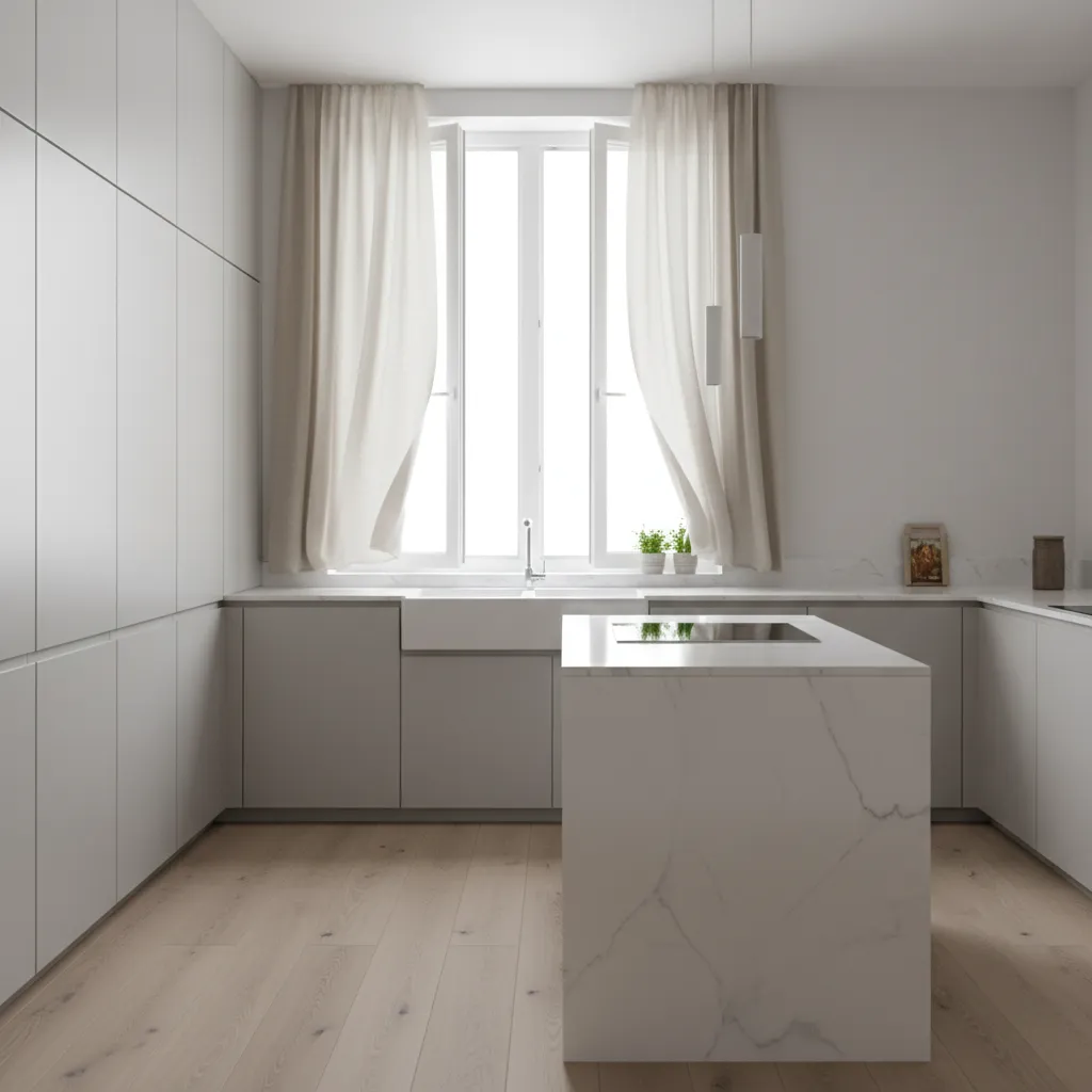 White modern kitchen featuring marble island wood flooring large window beige curtains and natural sunlight