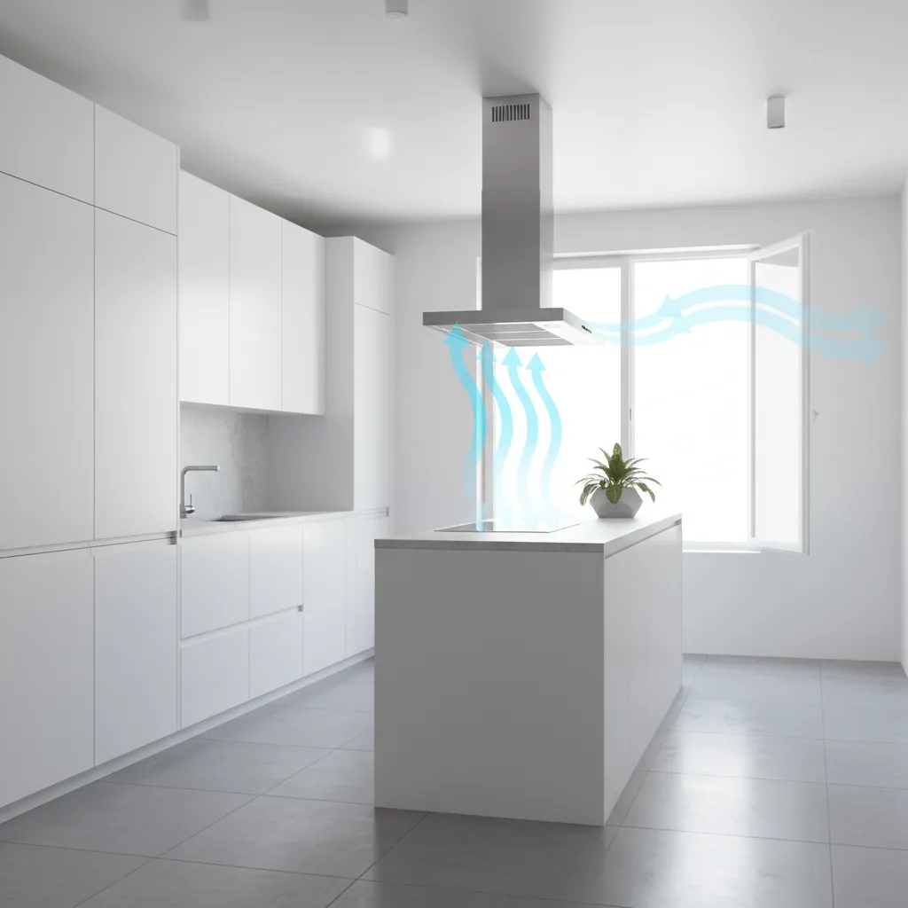 Kitchen ventilation airflow from stove to range hood and window