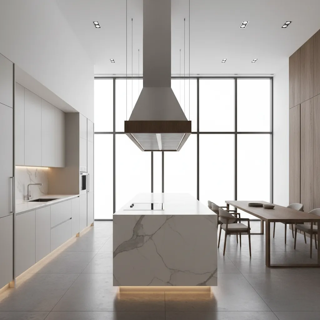 Modern kitchen with marble island large vent hood wooden dining table and big glass windows