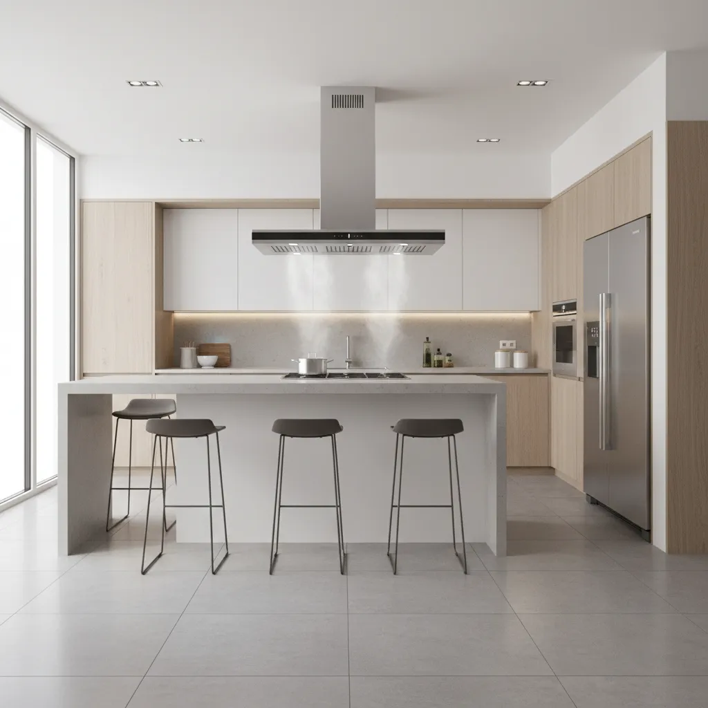 modern kitchen layout with range hood capturing cooking smoke and grease