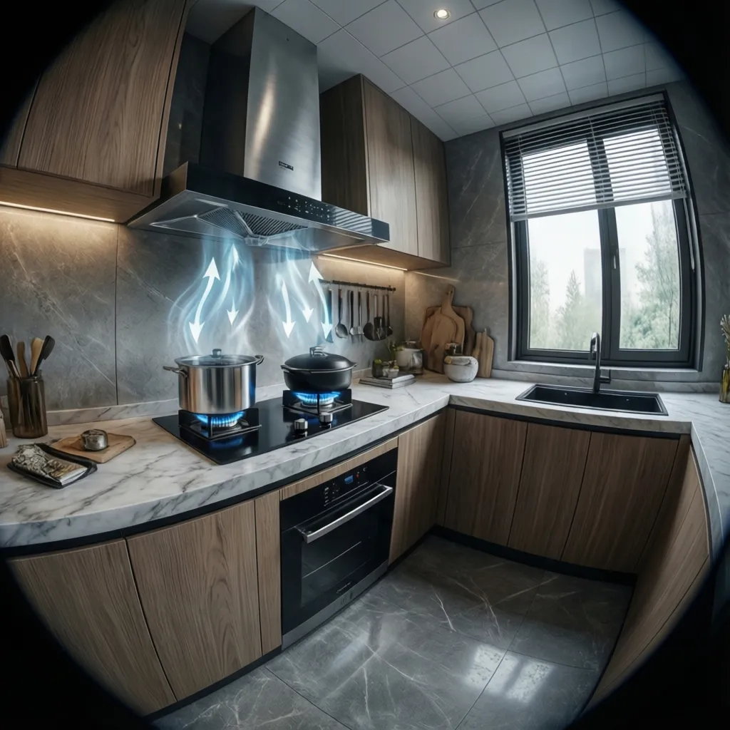 modern kitchen layout showing range hood ventilation and airflow path
