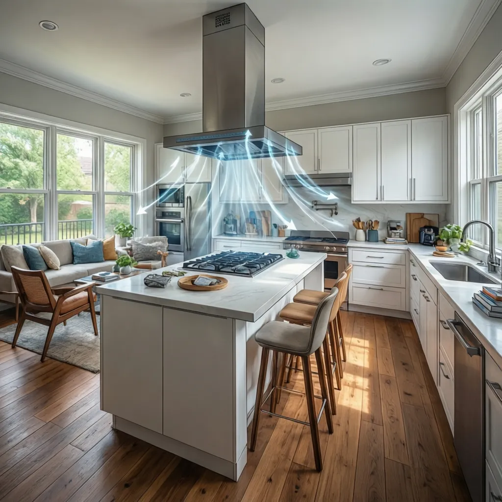 Kitchen layout with white cabinets island and vent hood showing air flow with blue arrows