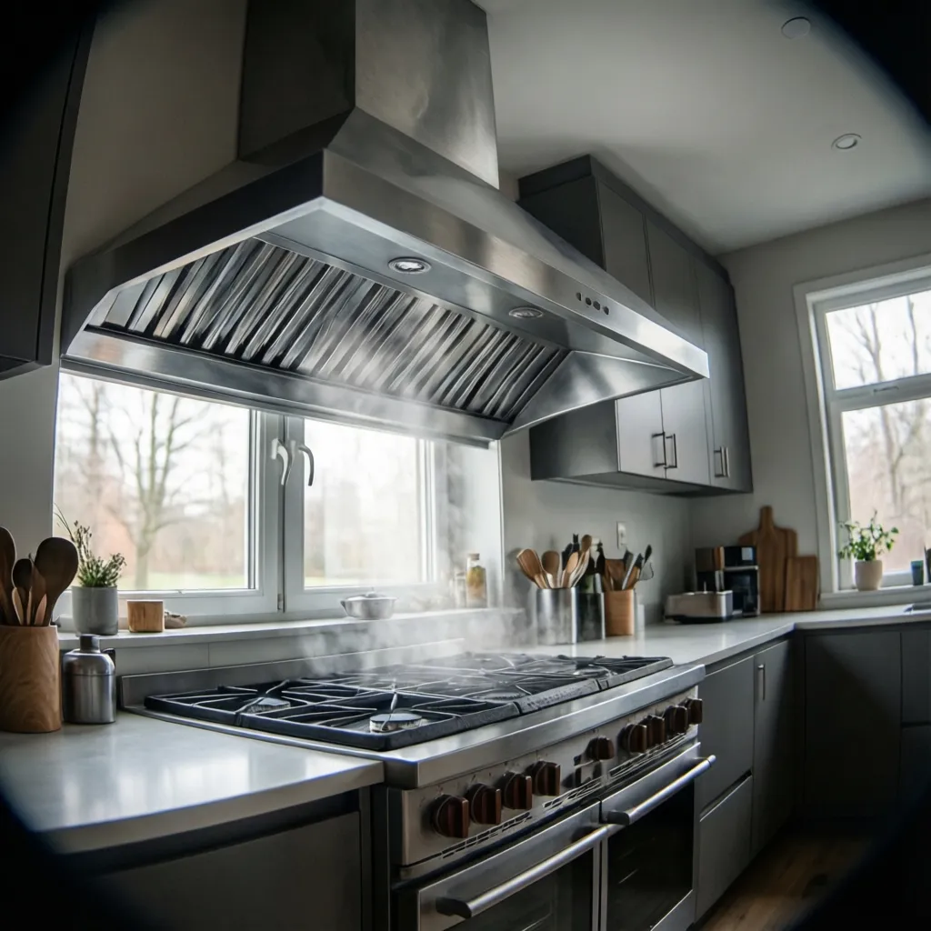 Modern kitchen with range hood ventilation above stovetop near window