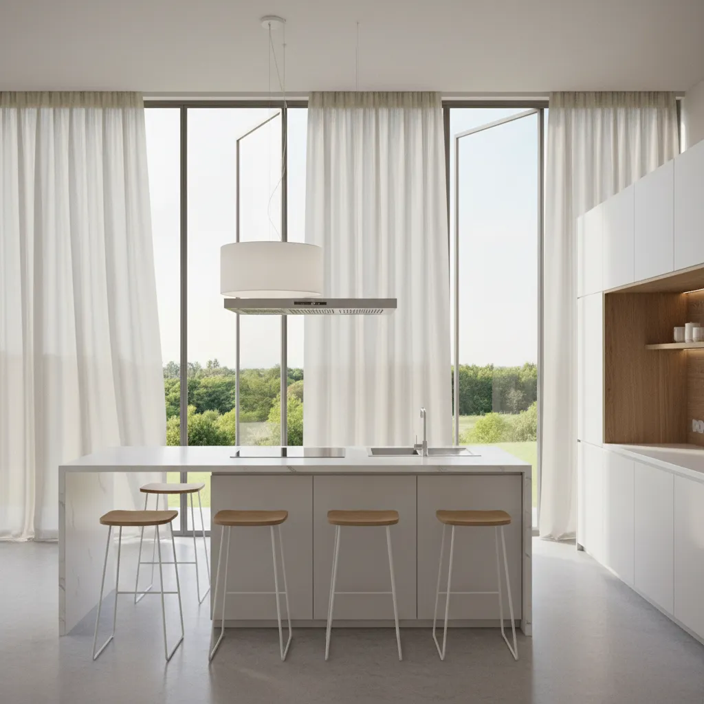 Modern white kitchen island with wooden stools facing large windows with white curtains and nature