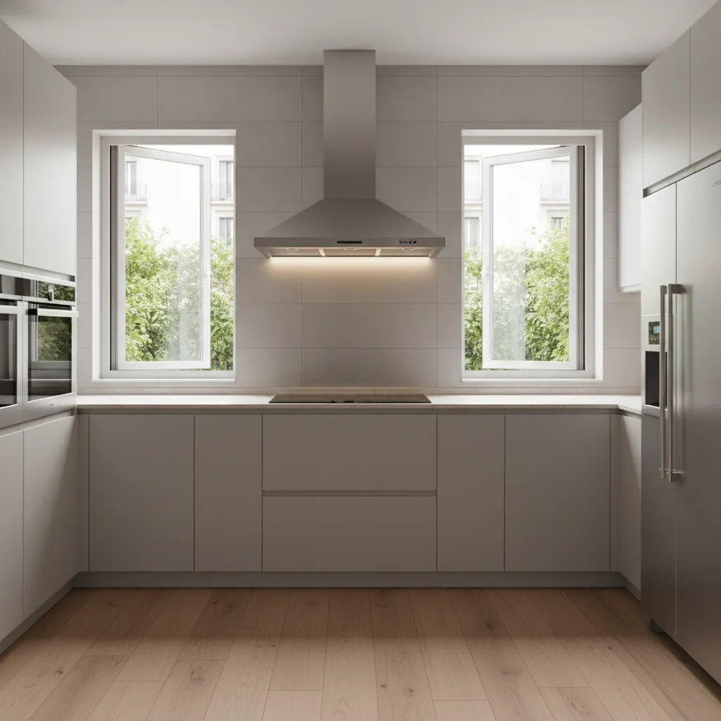 Kitchen ventilation setup with chimney hood and window airflow