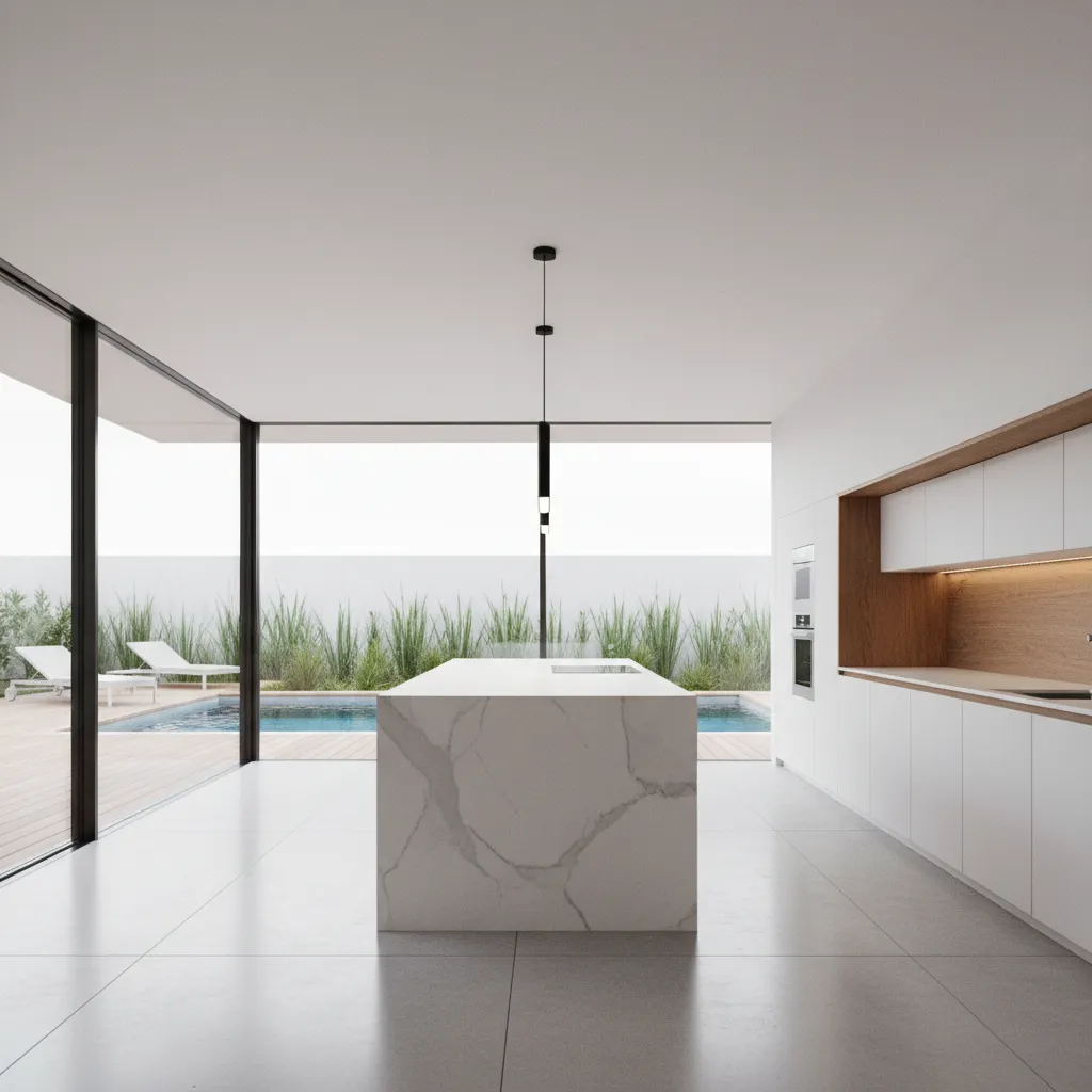 modern indoor kitchen with large windows overlooking backyard pool