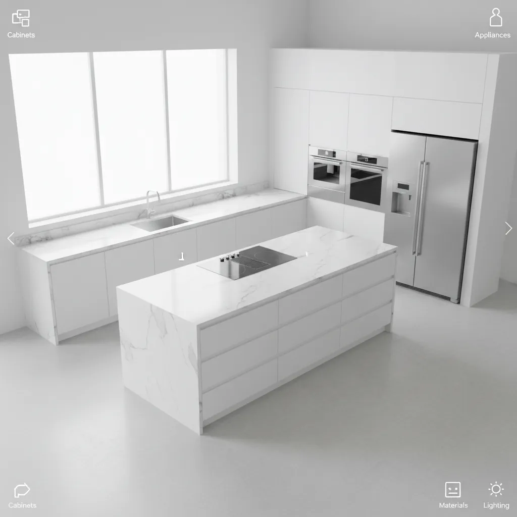 3D kitchen layout visualization showing cabinets, island and appliances
