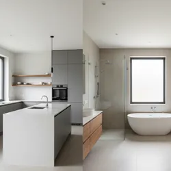Modern grey kitchen with white island compared to a bathroom featuring a shower and bathtub