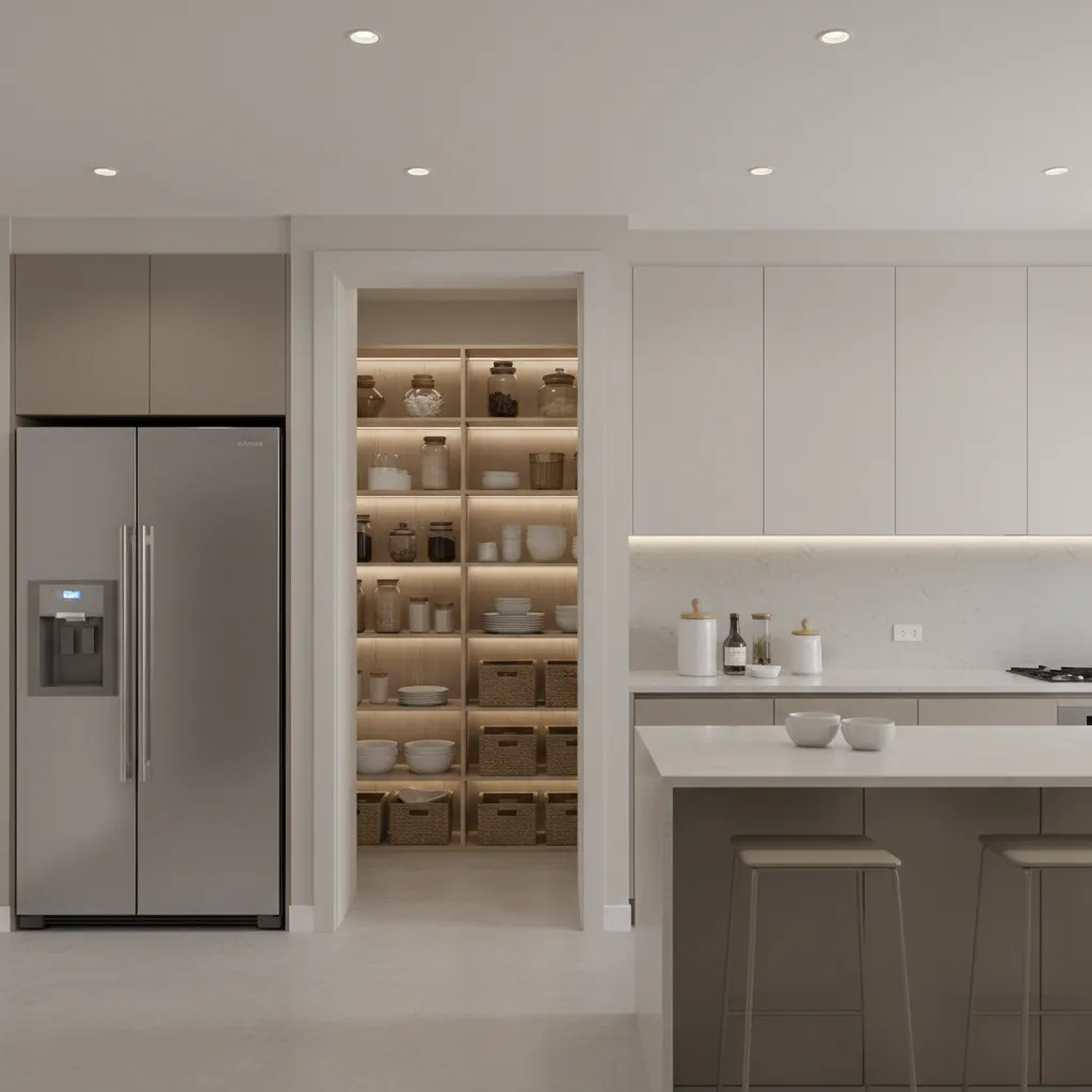 Kitchen layout showing entrance to walk-in pantry beside refrigerator