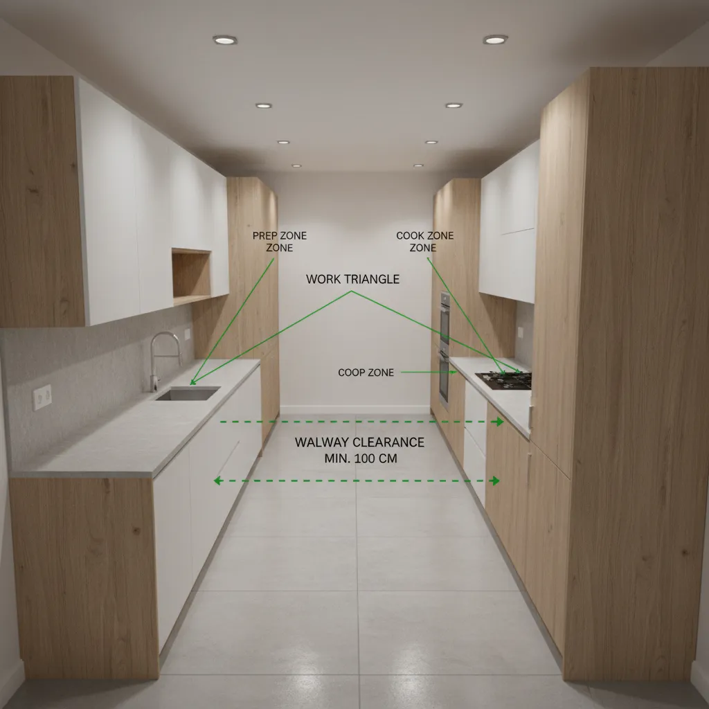 kitchen aisle clearance comparison showing narrow vs wide walkway between cabinets