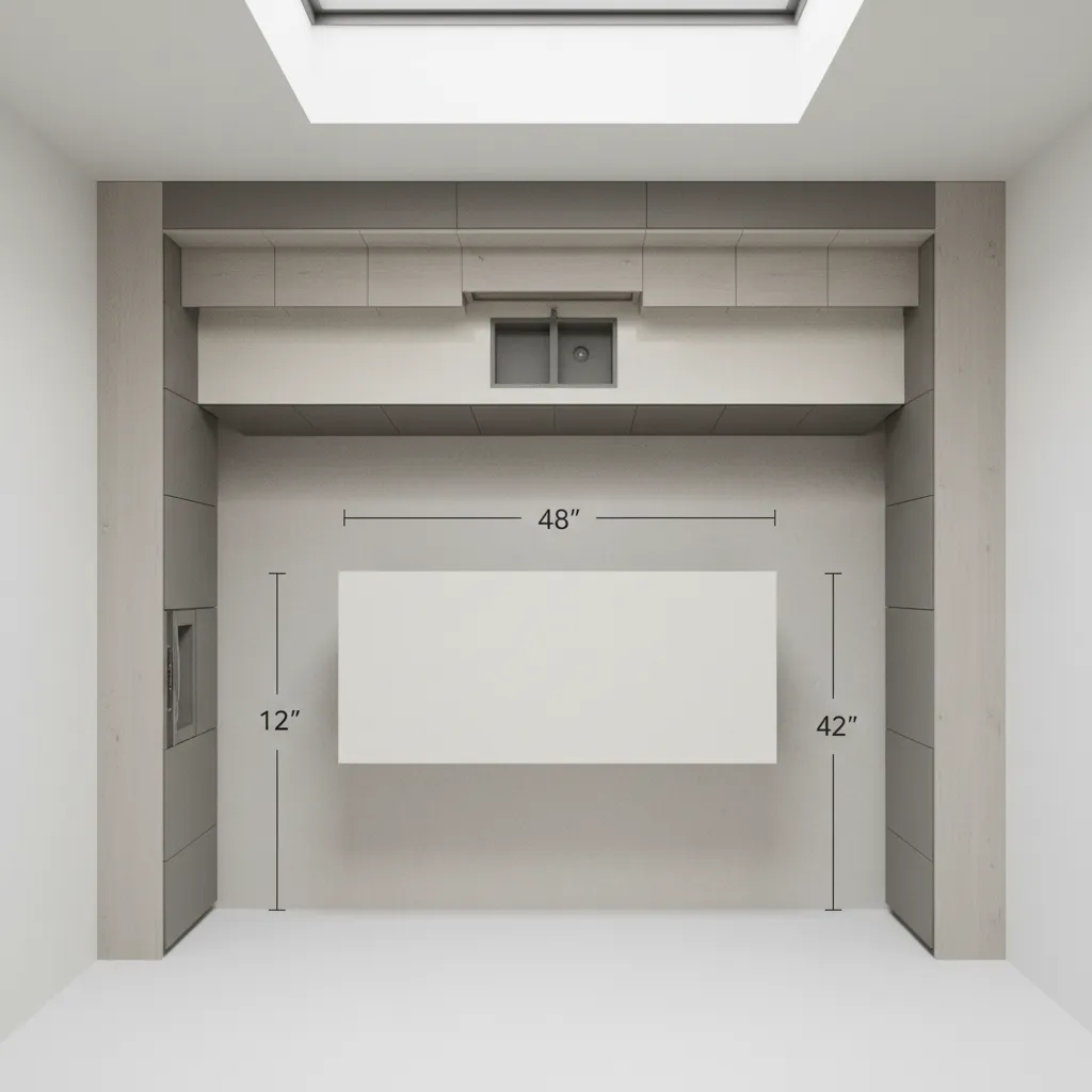 Kitchen layout showing walkway clearance between cabinets