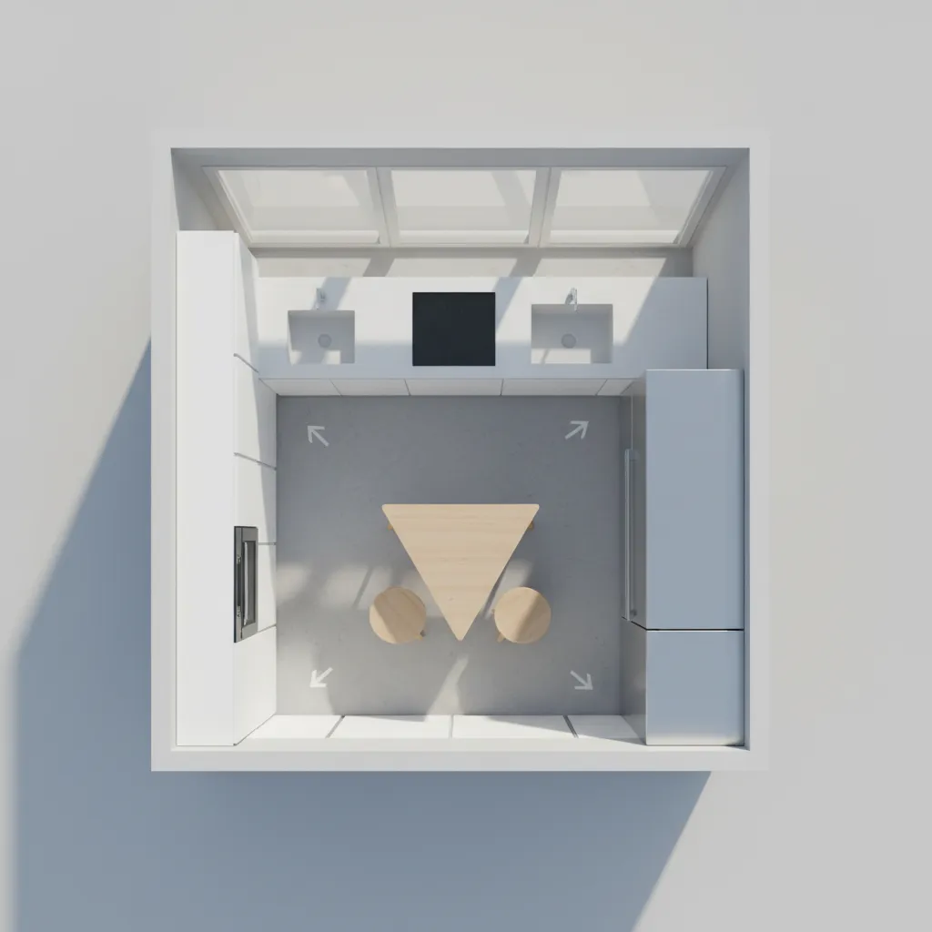 Kitchen layout showing walking clearance around triangular dining table