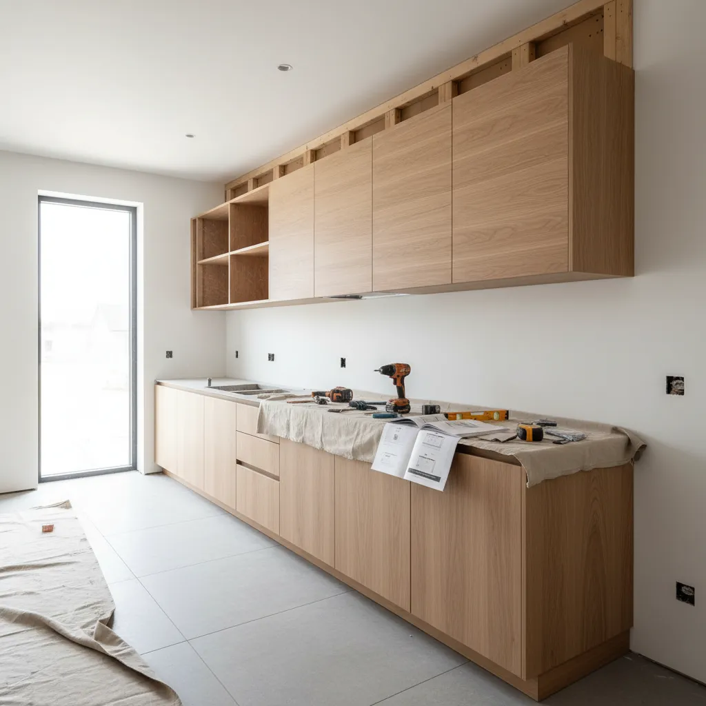 modern kitchen with partially installed wall cabinets during remodeling