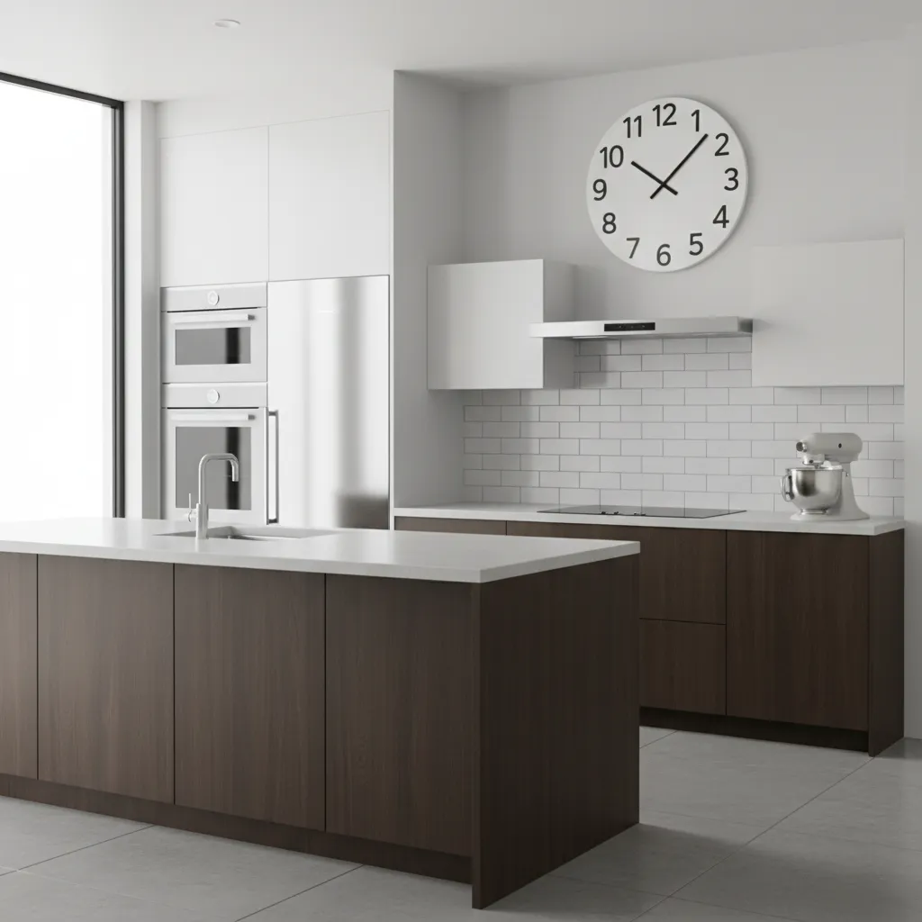 Kitchen wall clock with bold numerals above countertop